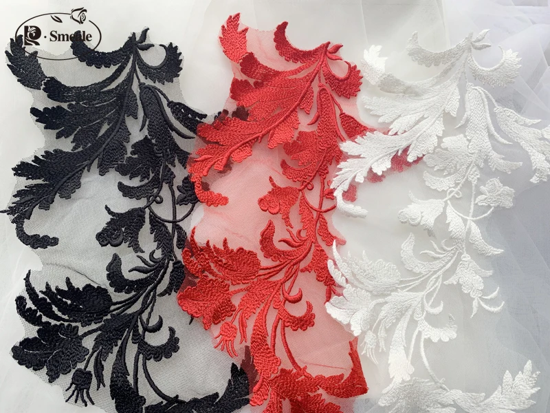 Lace Applique Patch for Wedding, Black and Red, Ivory Rayon, Cotton Thread, Mirror Flowers, RS2736