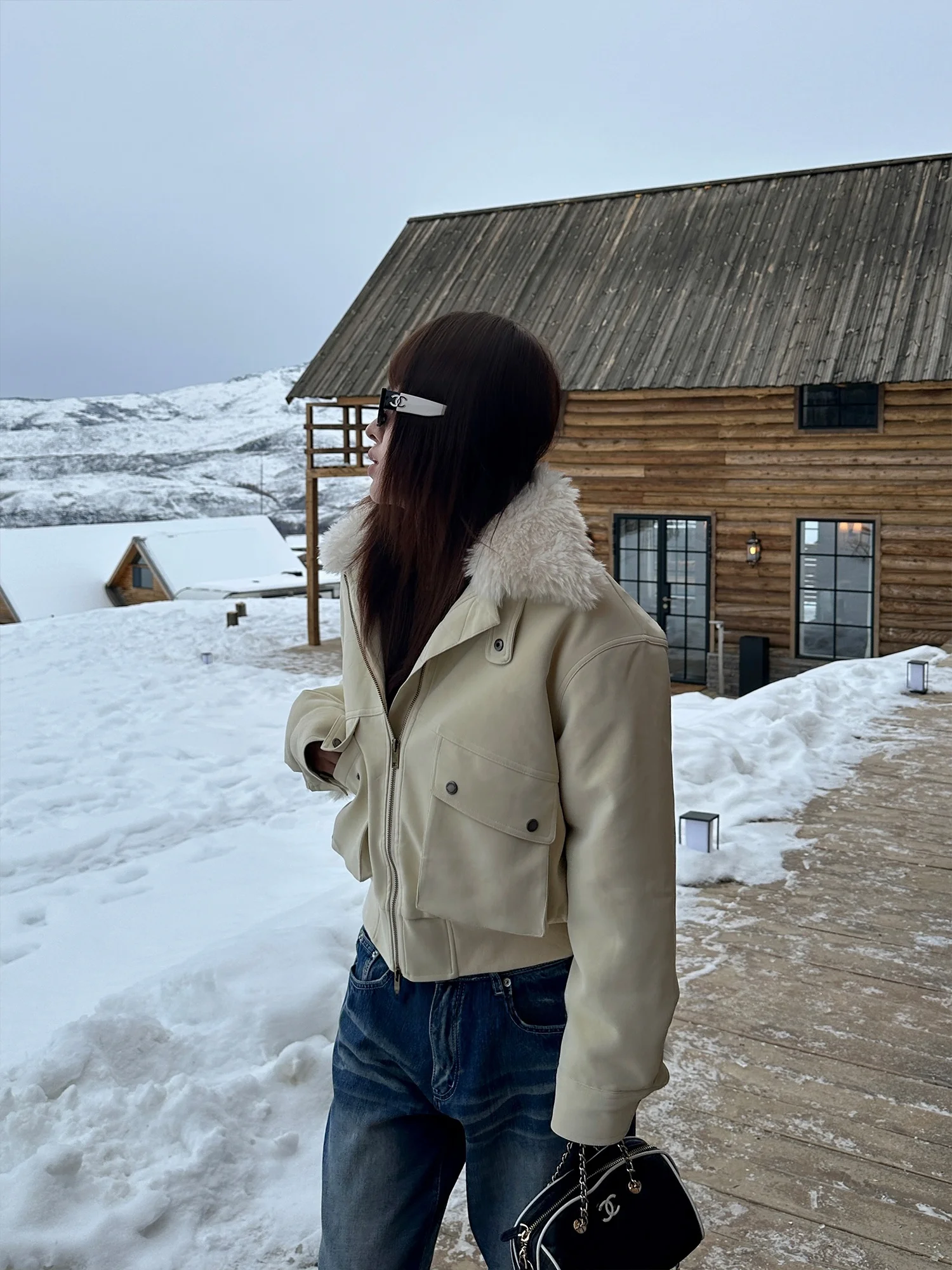 ファリンXバーンスタイル取り外し可能なファー襟付き厚手ショート丈レディースワークウェアジャケットルーズフィットポリウレタン生地長袖ジッパー開閉