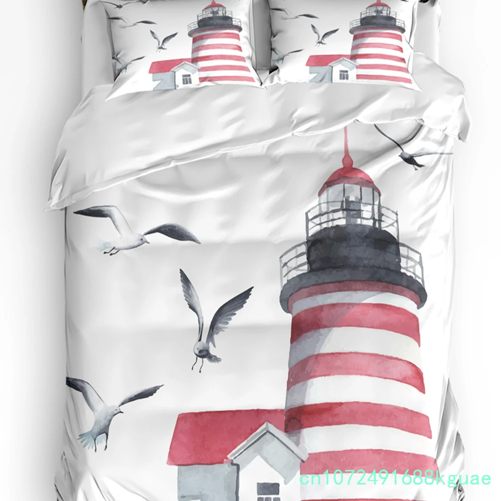 Lighthouse Bedding Set For Bedroom Bed Home Nostalgic Watercolors With Gull Ancient Anchor Duvet Cover Quilt Cover Pillowcase