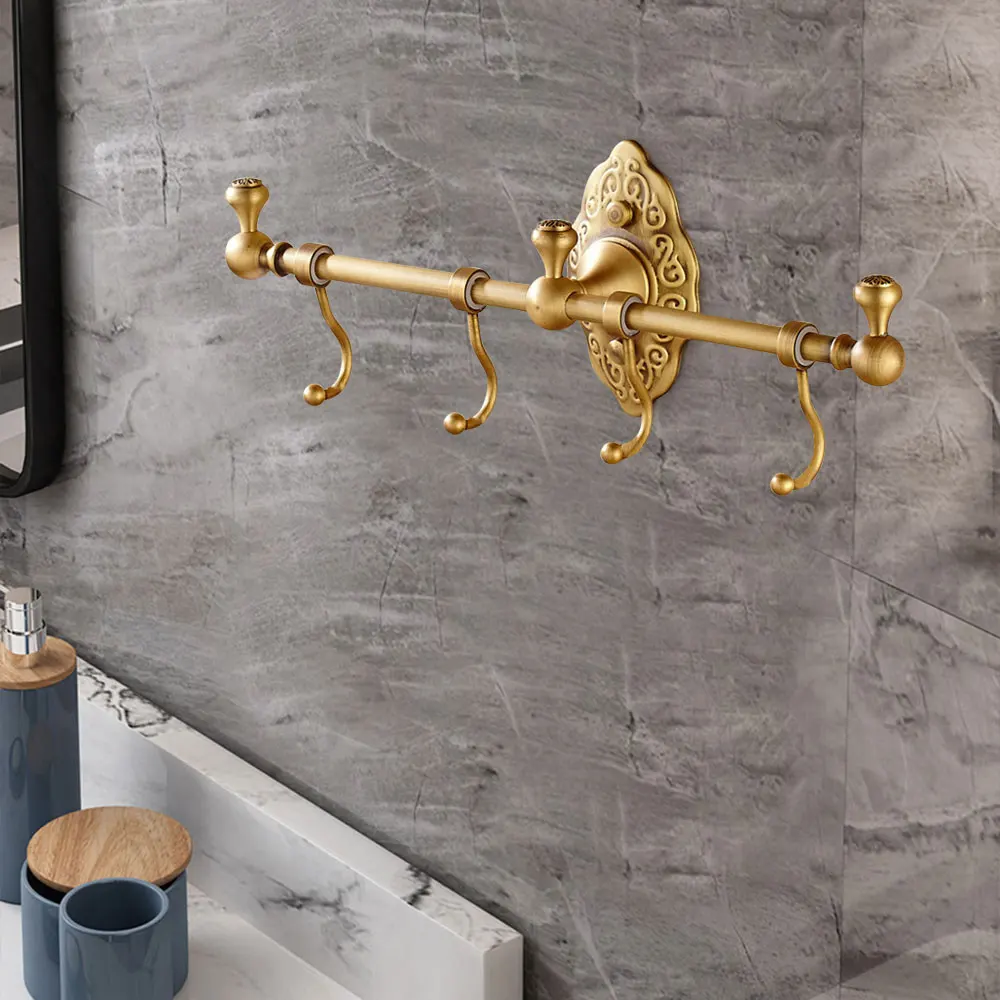 Wall-mounted Towel Rack, Towel Rack with Hooks, Retro Gold Towel Rack for Bathroom, Balconies, Toilets