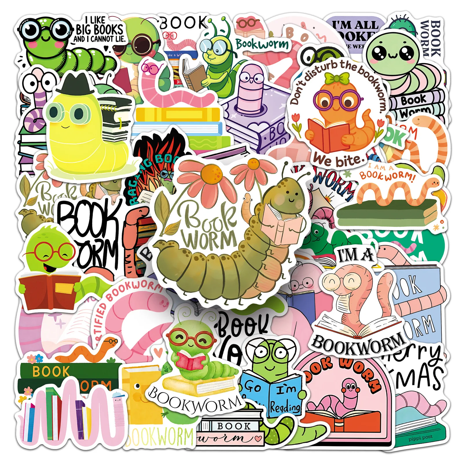 

50PCS Cartoon Book Worm Sticker Creative DIY Decoration Mobile Phone Case Notebook Water Cup Waterproof Toy Gift Sticker