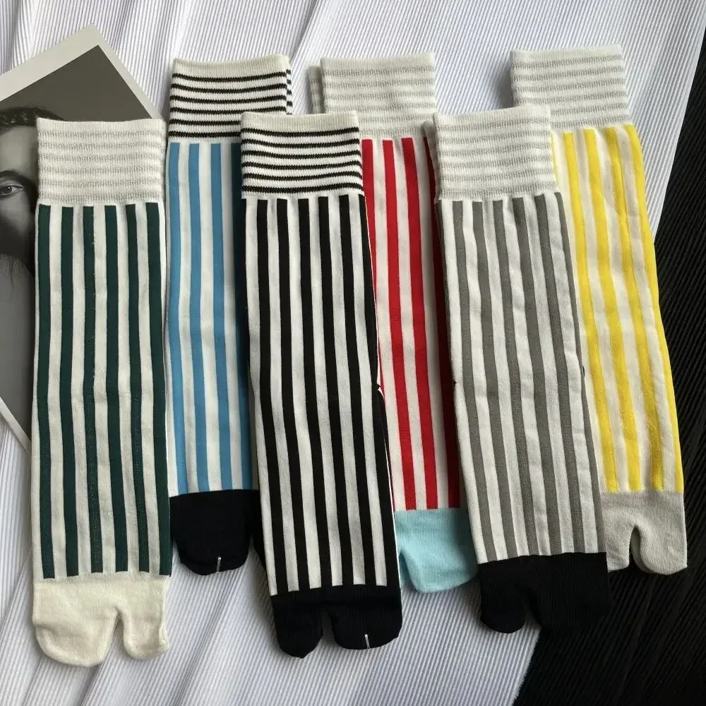 

New Colorful Toe Socks Combed Cotton Middle Tube Split Toe Socks Striped Harajuku Japanese Women's Tabi Socks