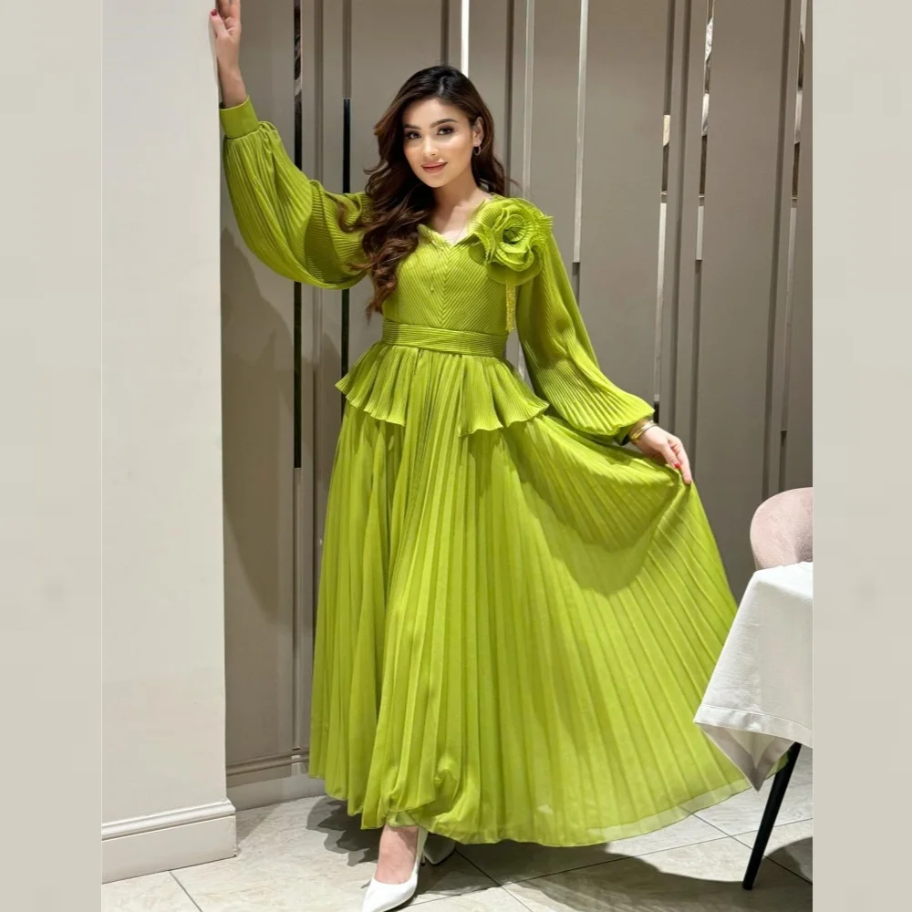 

Customized Evening Sexy Casual Jersey Flower Ruched Cocktail Party A-line V-neck Bespoke Occasion Gown Midi Dresses