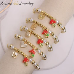 5PCS, Cute Red Cherry Strawberry Heart Bracelets for Women Gold Plated Heart Bracelets Mushroom Jewelry Gifts