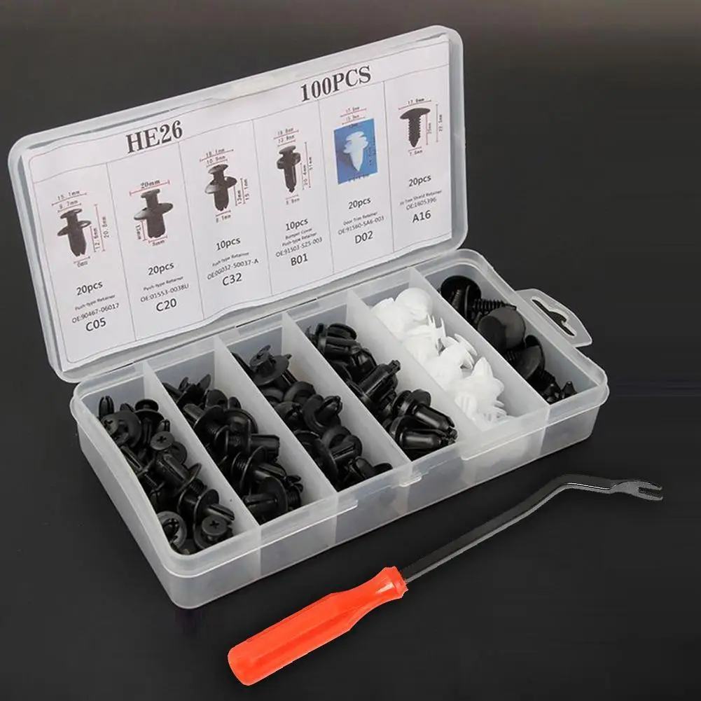 100pcs Car Clips Nylon Plastic Retainers Rivets Fasteners + Removal Tool