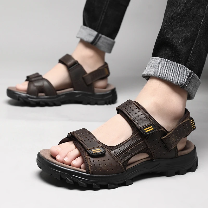 bubuk-一層牛革製メンズアウトドアカジュアルサンダル、調節可能な四季対応ビーチシューズ、カジュアルクリークシューズ