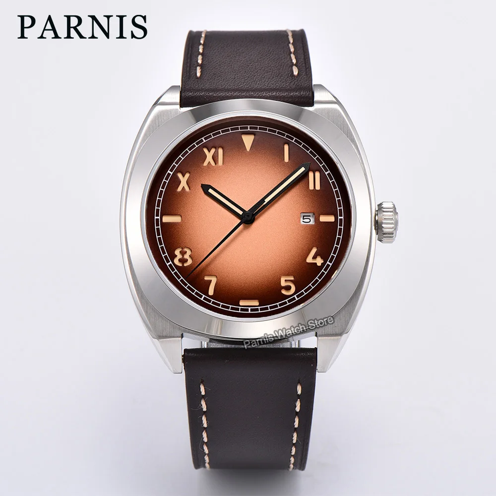 Parnis 42mm Silver Case Classical Brown Roman Numeral Dial Men Watch Sapphire Glass Mechanical Movement Automatic Men Wristwatch