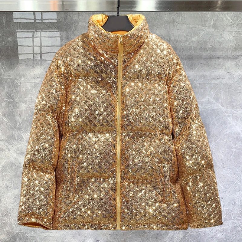 

Men Fall Winter Stand Collar Sequined Jacket Korean Version Solid Color Loose Short Thickened Warm Men Parka Homme Snow Jacket