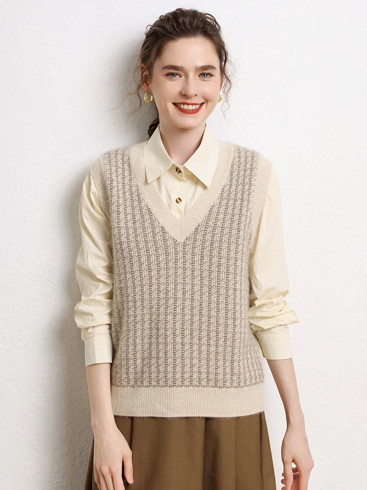 

Women's Cashmere Vests Pullovers Autumn Winter 100% Cashmere Knitted V-neck Sweater Sleeveless Thick Waistcoat Vintage Chic Tops