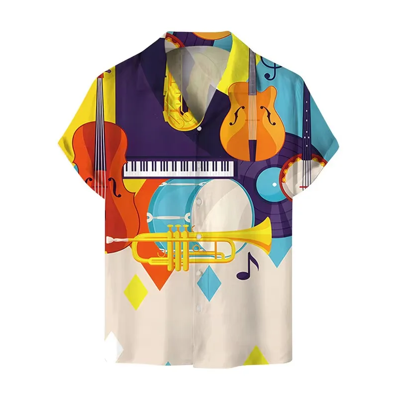 Musical Instrument Pattern Hawaiian Shirts For Men Music Guitar 3D Printed Blouse Summer Loose Aloha Shirts Beach Short Sleeves
