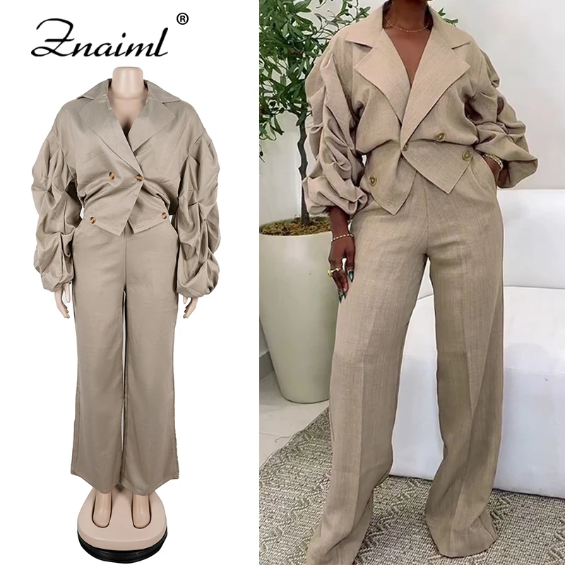 

Znaiml двубортный пиджак с рукавами-лютенами, топ и широкие брюки, комплекты для женщин, элегантный офисный костюм, осенний повседневный рабочий наряд
