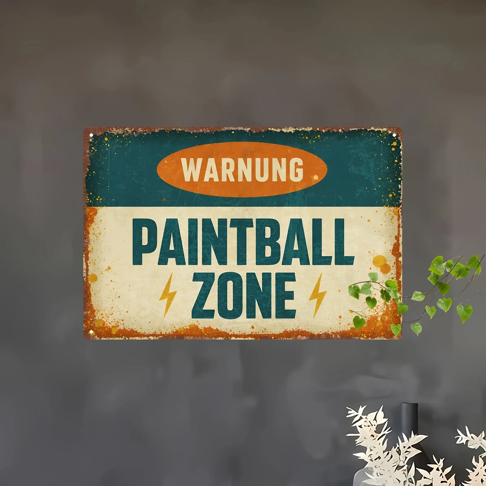 2D Flat - One Vintage Paintball Zone Metal Sign - Rustic Wall Decoration Featuring a Striking Yellow And Blue Design, Ideal for