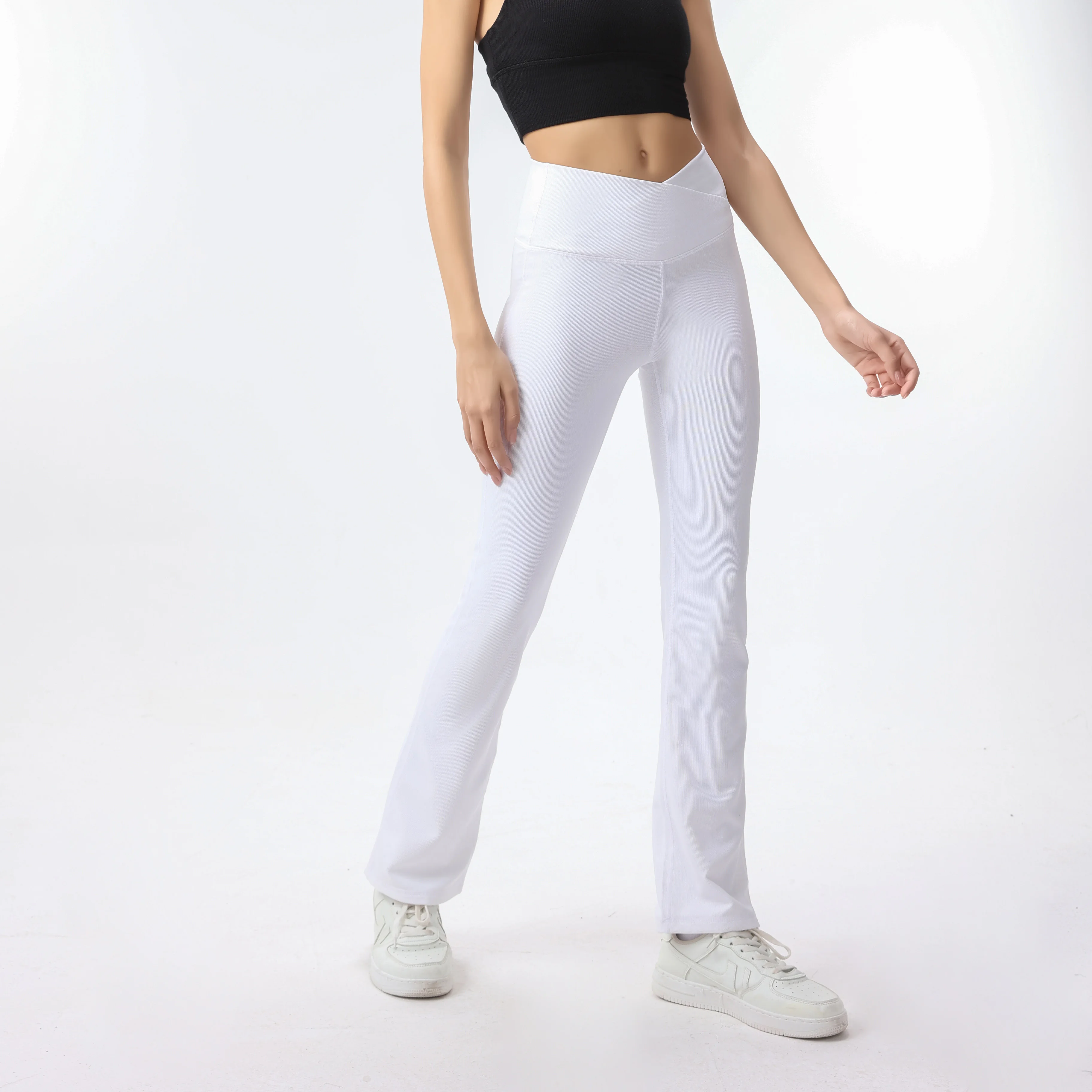 Wide Leg Yoga Pants White Ribbed Cross Waist Seamless Activewear Bottom