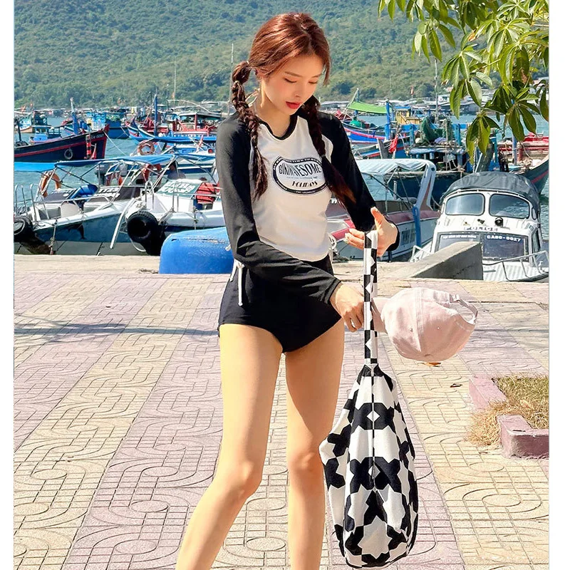 Women\'s 2pcs/set Long Sleeves Rash Guards Athletic Swim Aztec Tankini Swimsuit Swimwear Side Draw string Shirt+Boyshorts
