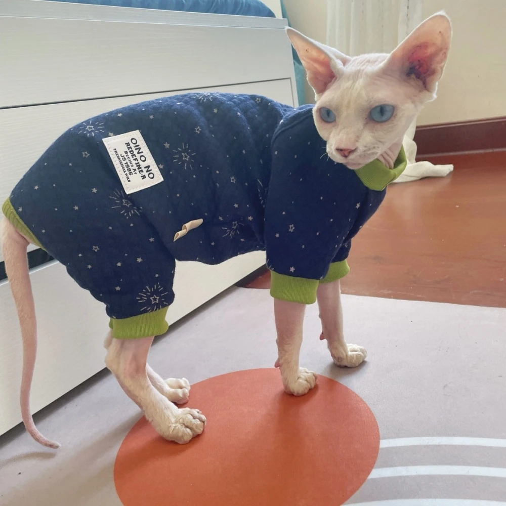 Sphynx Cat Clothes Blue Thick Cotton 4-legged Warm Loungewear for Kittens Small Dogs Winter Coat For Devon Rex Cat accessories