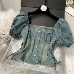 Women's Denim Shirt Square Collar Short Bubble Sleeve Single Breasted Lace Up Hollow Out Blue Blouses 2023 Summer Vintage Blusa