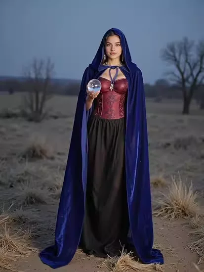 عباءة طويلة مخملية بغطاء للرأس، زي ساحرة للهالوين، زي عرقي، معطف ساحر من العصور الوسطى للعب الأدوار، مع ربطات، متوسط الطول، أ...