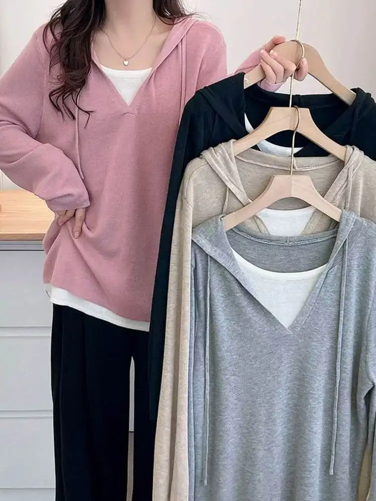 

Женский модный вязаный свитер-худи оверсайз с длинными рукавами, комбинированный, в корейском стиле, удобный, из двух частей