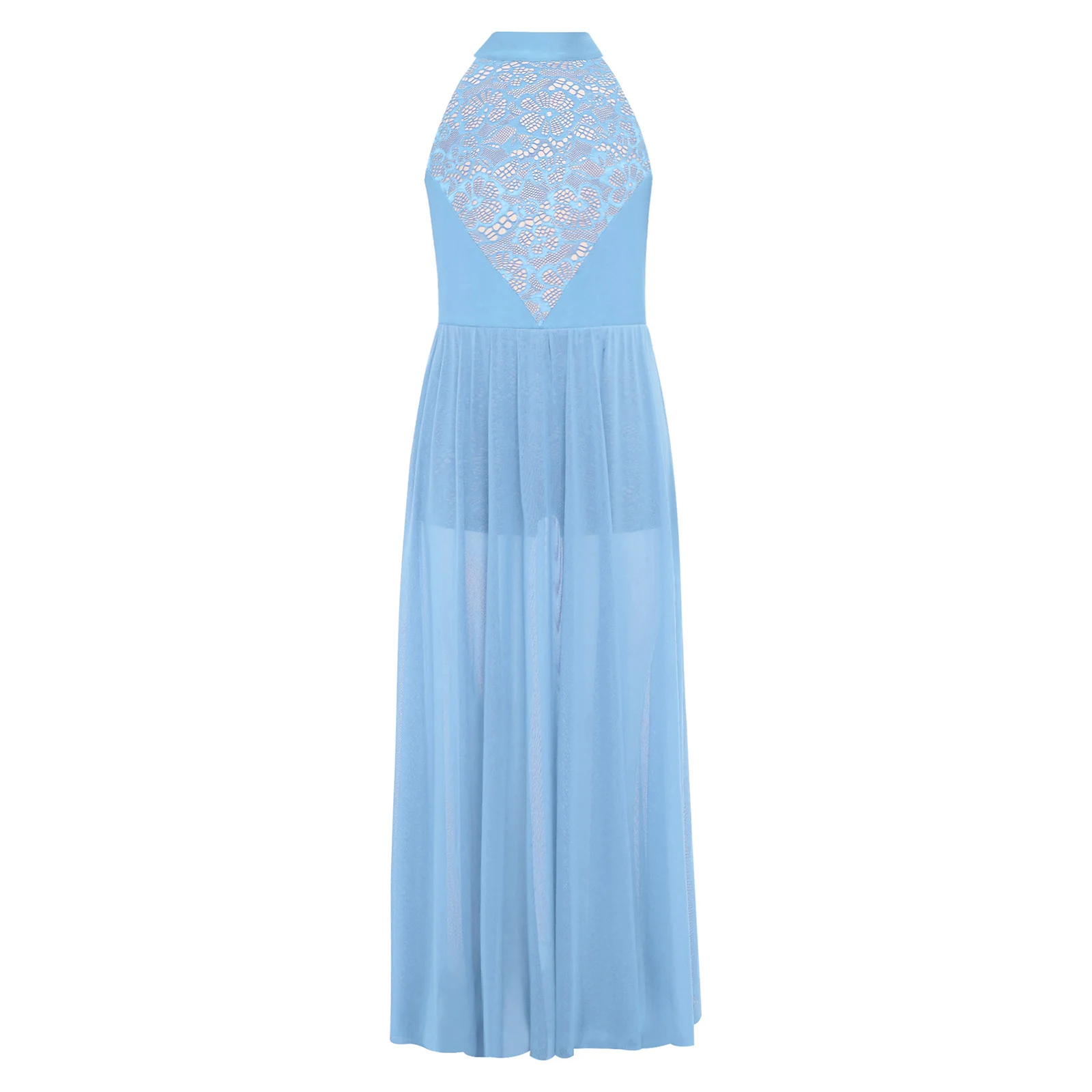 Kinder Mädchen Spitze Blume Modernes lyrisches Tanzkleid Neckholder ärmellos fließender Mesh-Overlay-Trikot-Overall für Tanzwettbewerbe