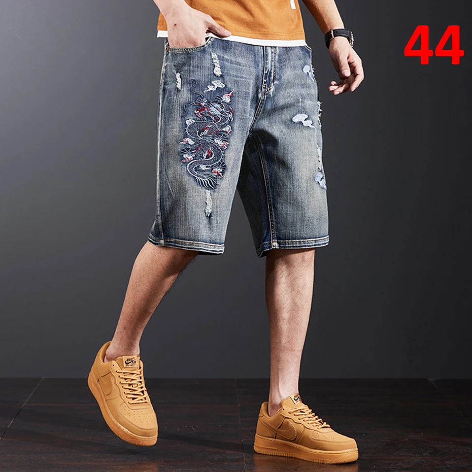 

Dragon Embroidery Denim Shorts Men Plus Size 44 Jeans Shorts Baggy Ripped Jeans Shorts Fashion Streetwear Short Pants Male