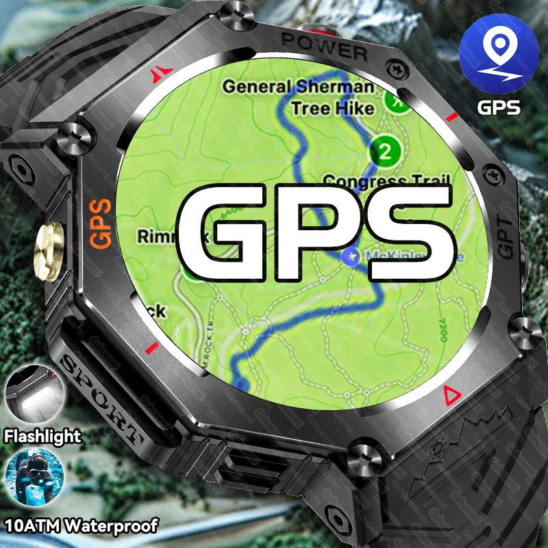 2025 New Outdoor GPS Smart Watch Men AMOLED HD Screen Flashlight Bluetooth Call 10ATM Waterproof Swim Sports Adult Smartwatches