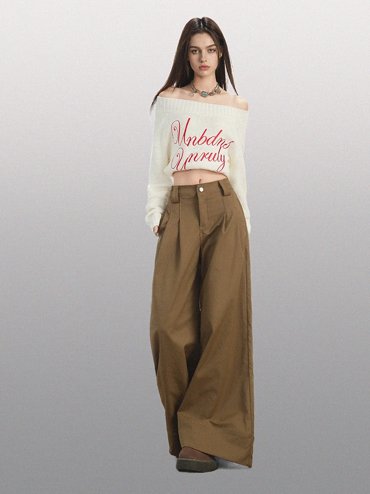 

Ele Vintage Khaki Wide Leg Pants High Waist Loose Slimming Drapey Straight Casual Trousers for Women by Sai Xiaolang