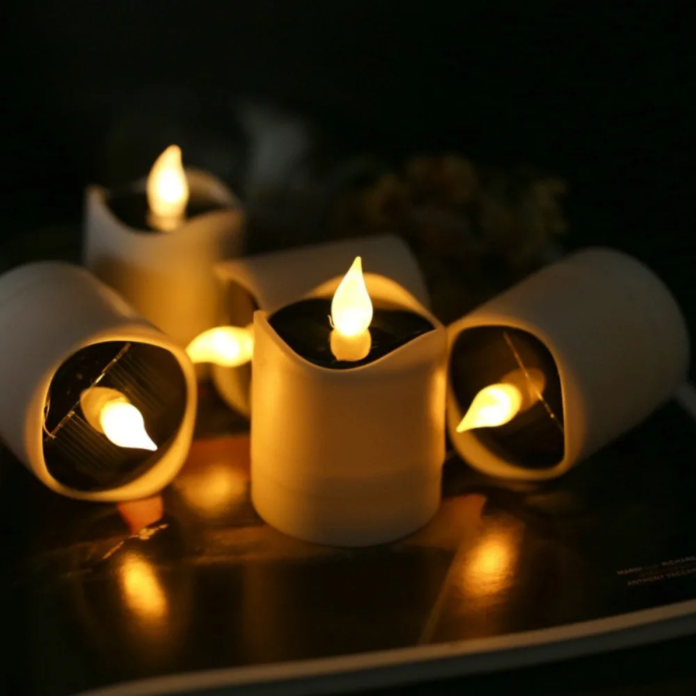 

6pcs Waterproof Solar Tea Lights Simulation Flameless Flickering Terrace Lamp Romantic Warm Light Landscape Candle Lights Outdoo