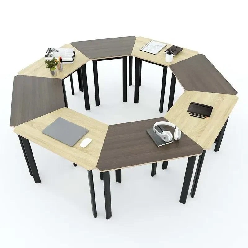 8 Piece Modern Trapezoidal Plywood Table with Oval Iron Legs Durable School Furniture 237x222x75cm