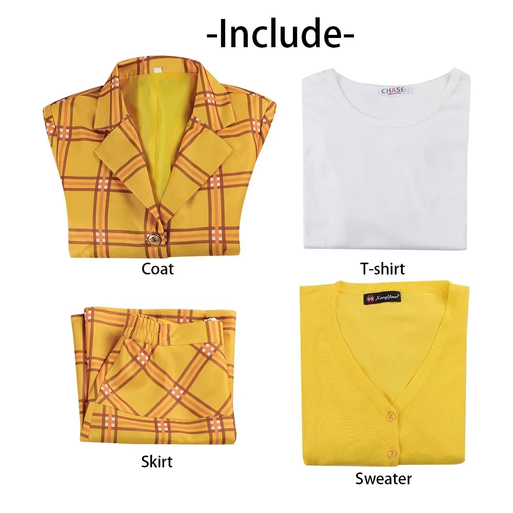 Nuovo film Clueless Cher Costume Cosplay Donne adulte Uniforme scolastica Griglia Stampa Cappotto Set completo Accessori Abiti da completo