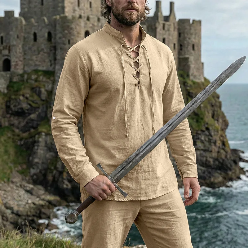 2026 Herren Vintage Mittelalterliches Leinenhemd mit Schnürung, Langarm, Henley-Ausschnitt, Locker Geschnitten, Piraten-Cosplay, Strand, Freizeit, Urlaub, Alltagshemd – Detail 8