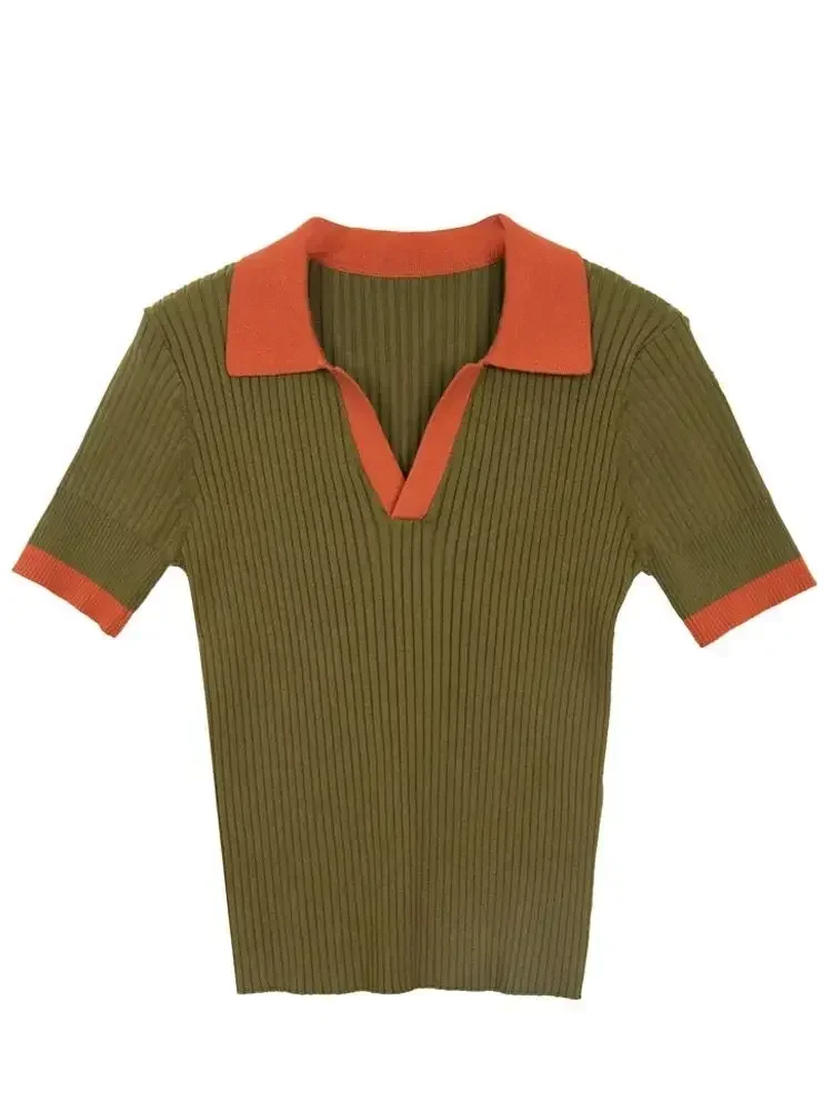 여성 슬림 빈티지 폴로 칼라 티셔츠 반팔 우아한 블라우스 부드럽고 통기성 좋은 여름 패션 탑 2025 여성 티셔츠