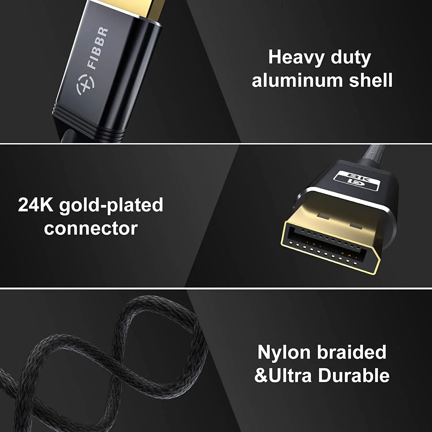 FIBBR DisplayPort Cable 8K DP Cable (8K60Hz, 4K144Hz, 1080P240Hz) HBR3 Support 32.4Gbps, HDCP 2.2, HDR10 for Gaming Graphics PC