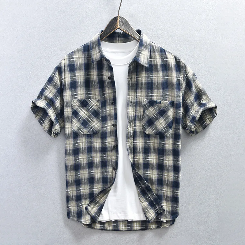 

Summer Fashion Multi Pockets 100% Cotton Check Shirts for Men American Vintage Casual 4XL Blouses 24ss Y2k Cityboys Handsome Top