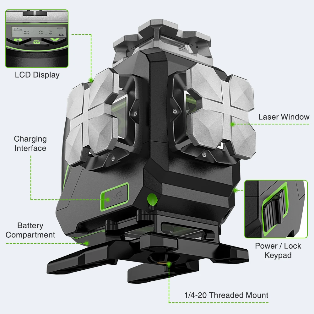 Huepar-nivel láser S04CG 360, autonivelante, función Bluetooth y modo de pulso al aire libre, línea de haz verde 4D, nivel láser de 16 líneas