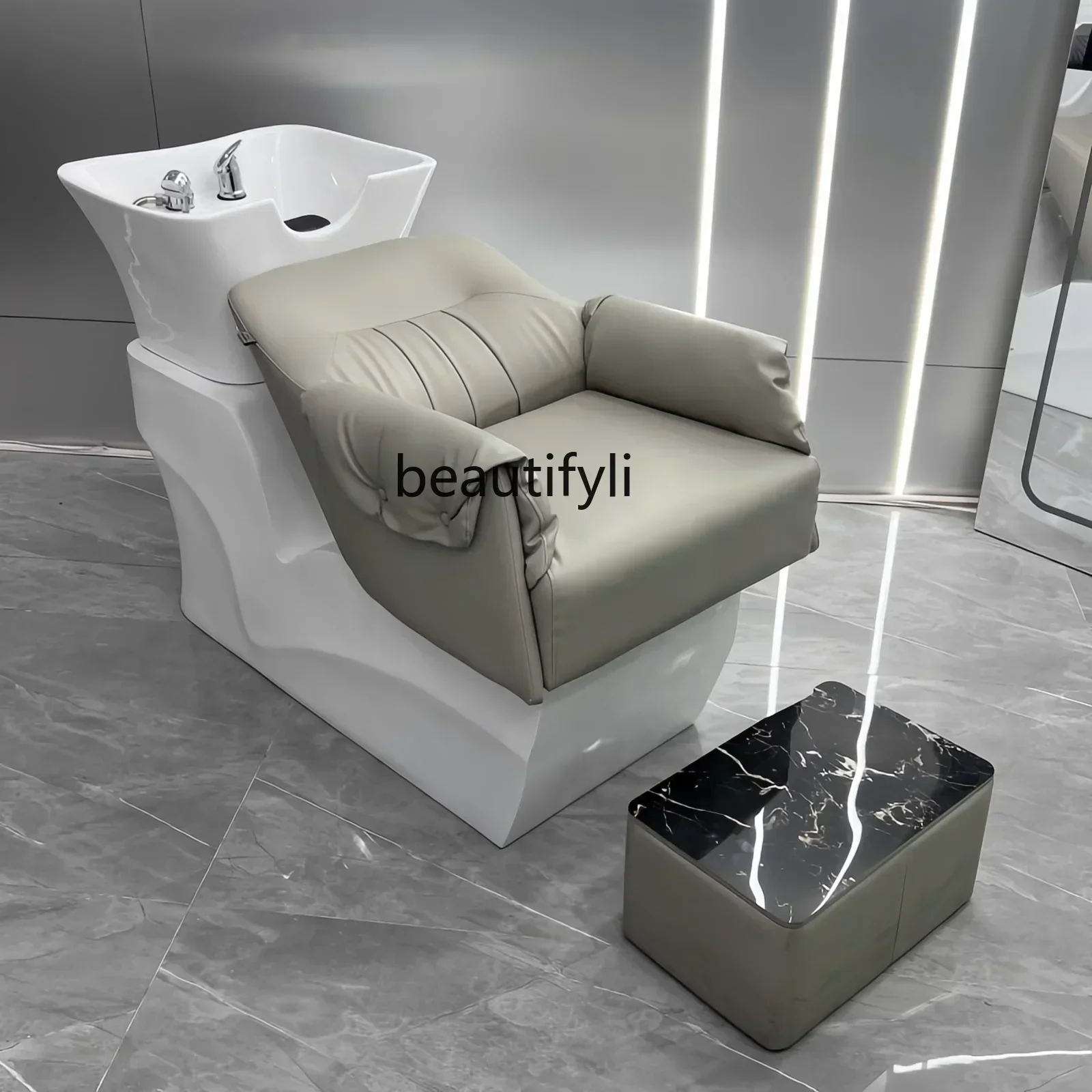 

Lying Half Flushing Bed Barber Shop Shampoo Chair Beauty Salon Stainless Steel Bottom Ceramic Basin Half Lying Bed