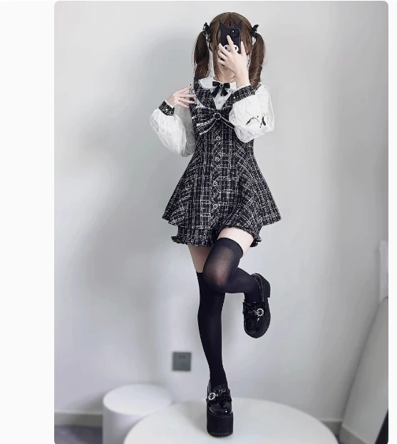 Novo outono japonês mina série feminina lolita bonito arco renda emendado manga longa tweed camisa vestido e shorts 2 peça conjunto roupa