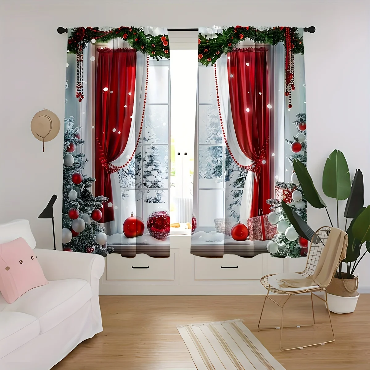 2-Pc Polyester Christmas Curtains with 3D Floral & Ball Digital Print - Rod Pocket Window Drapes for Living Room & Bedroom