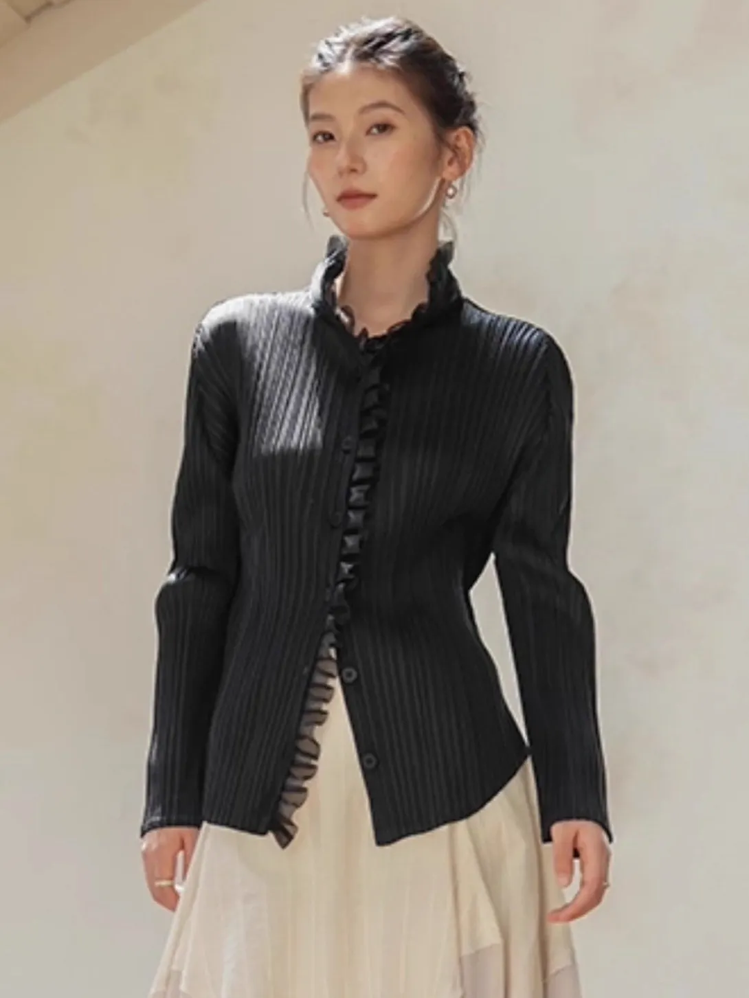 

Плиссированная женская однотонная рубашка, эластичный однобортный кардиган с лацканами, осень 2022, новая кружевная рубашка с длинными рукавами