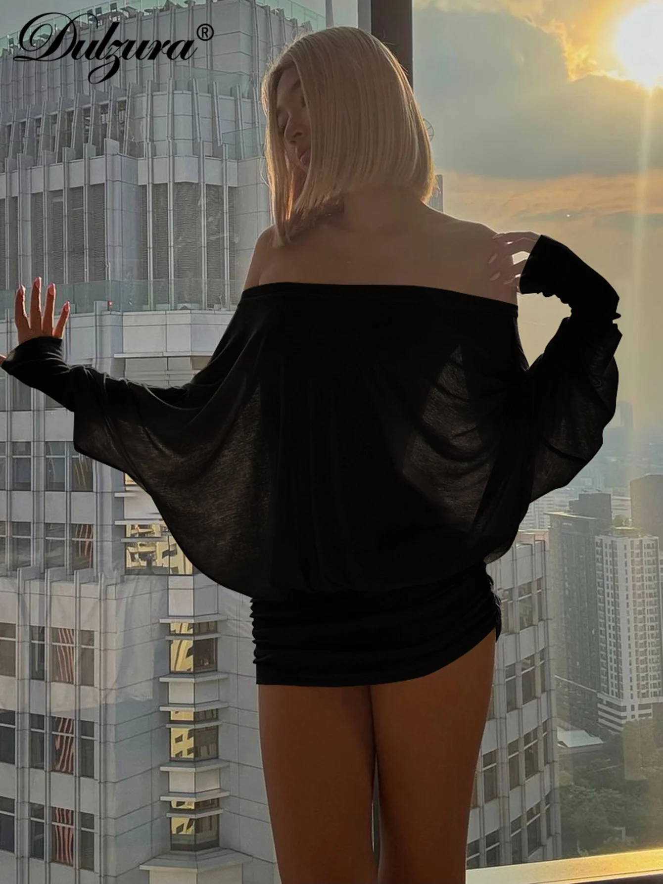 Dulzura 오프 숄더 긴 소매 셔링 패치 워크 미니 드레스 여성의 섹시한 우아한 캐주얼 복장 파티 Clubwear 봄 여름