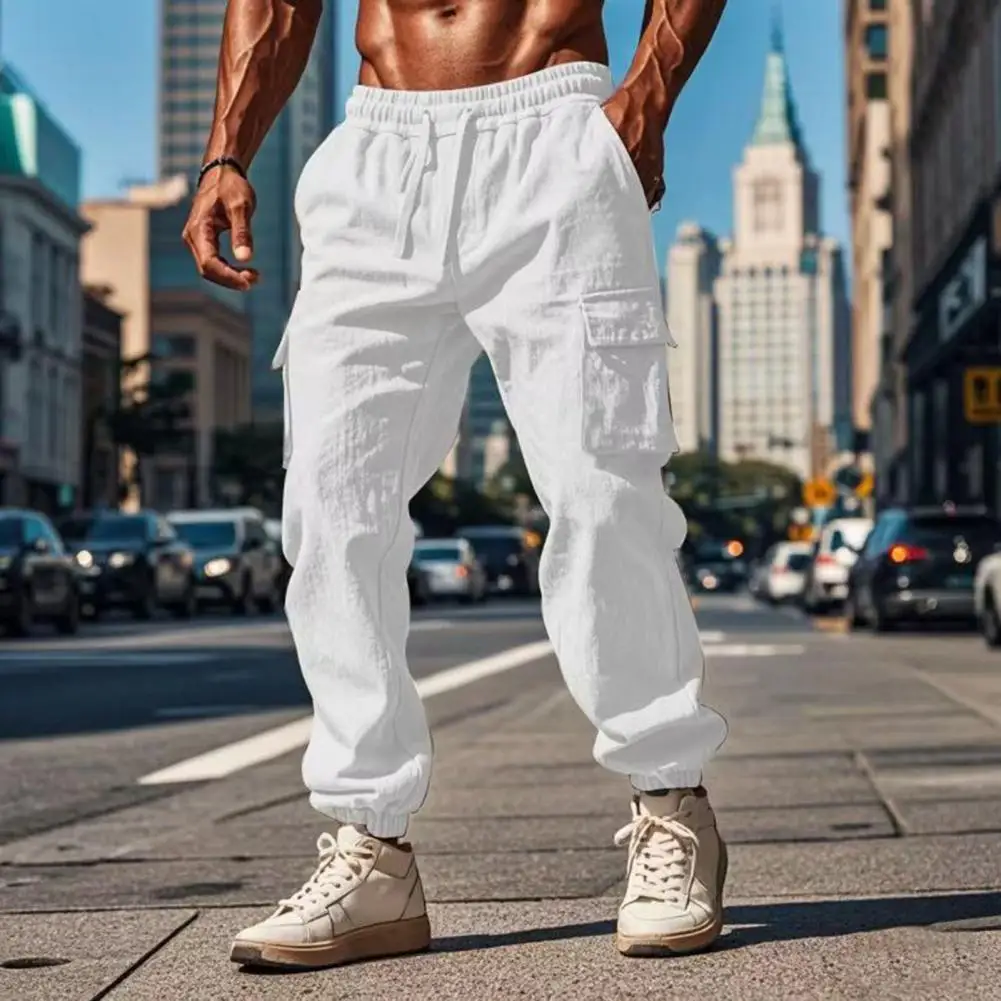 Calça cargo masculina com vários bolsos, algodão 2025, calça jogger com cordão na cintura, calça casual com cintura elástica, calça de exercício masculina