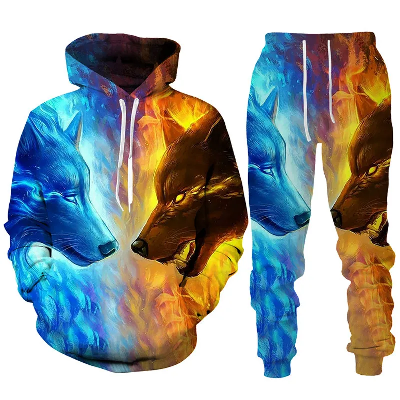 3D Dazzle Wolf Print treino conjunto masculino, Hoodie e calças, moletom extragrande, pulôver casual, Hip Hop Streetwear, 2pcs conjuntos