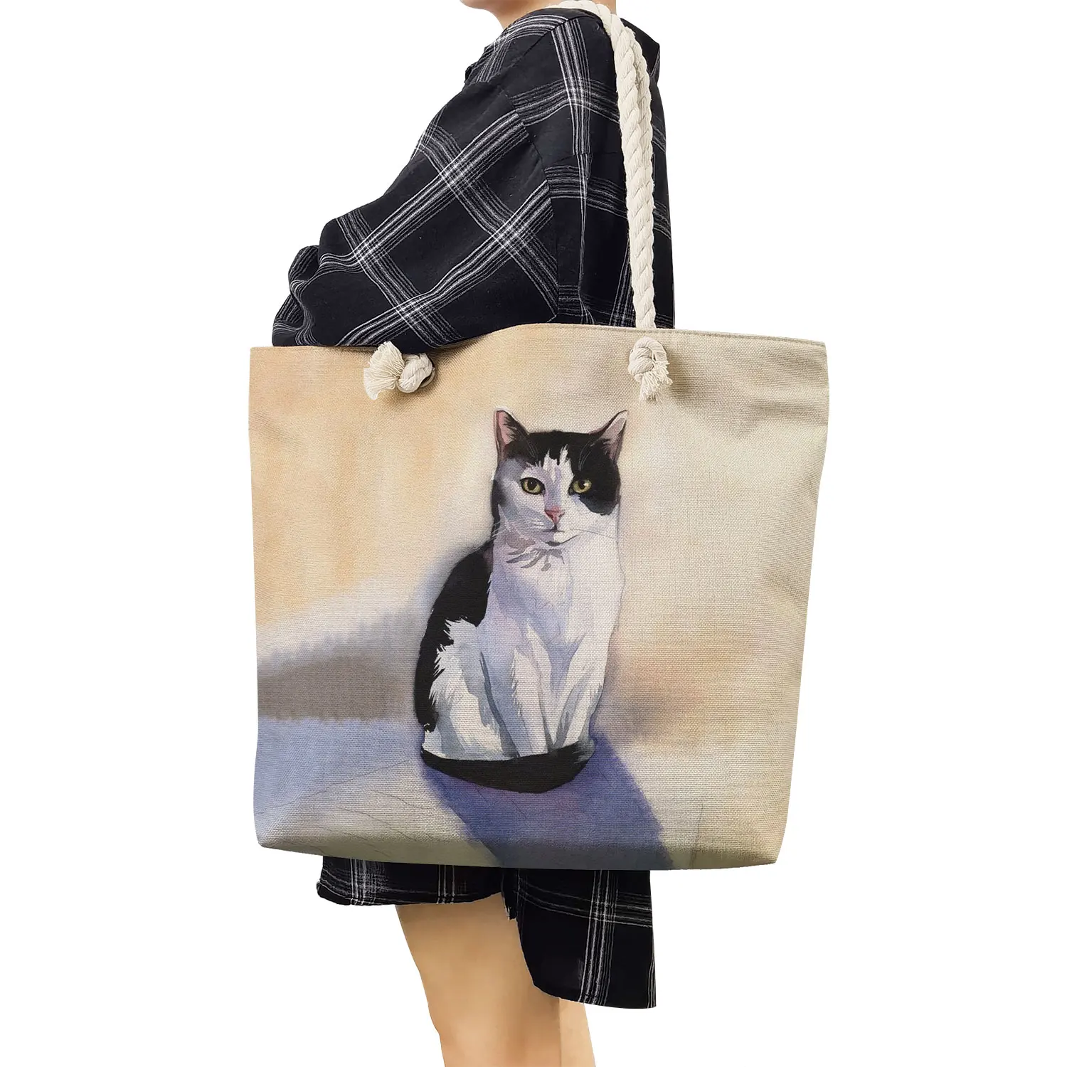 Strand tasche Frauen Totes tragbare Öko wieder verwendbare Polyester Leinen lässige Einkaufstaschen dickes Seil niedlichen Kuh Katze drucken Handtaschen faltbar