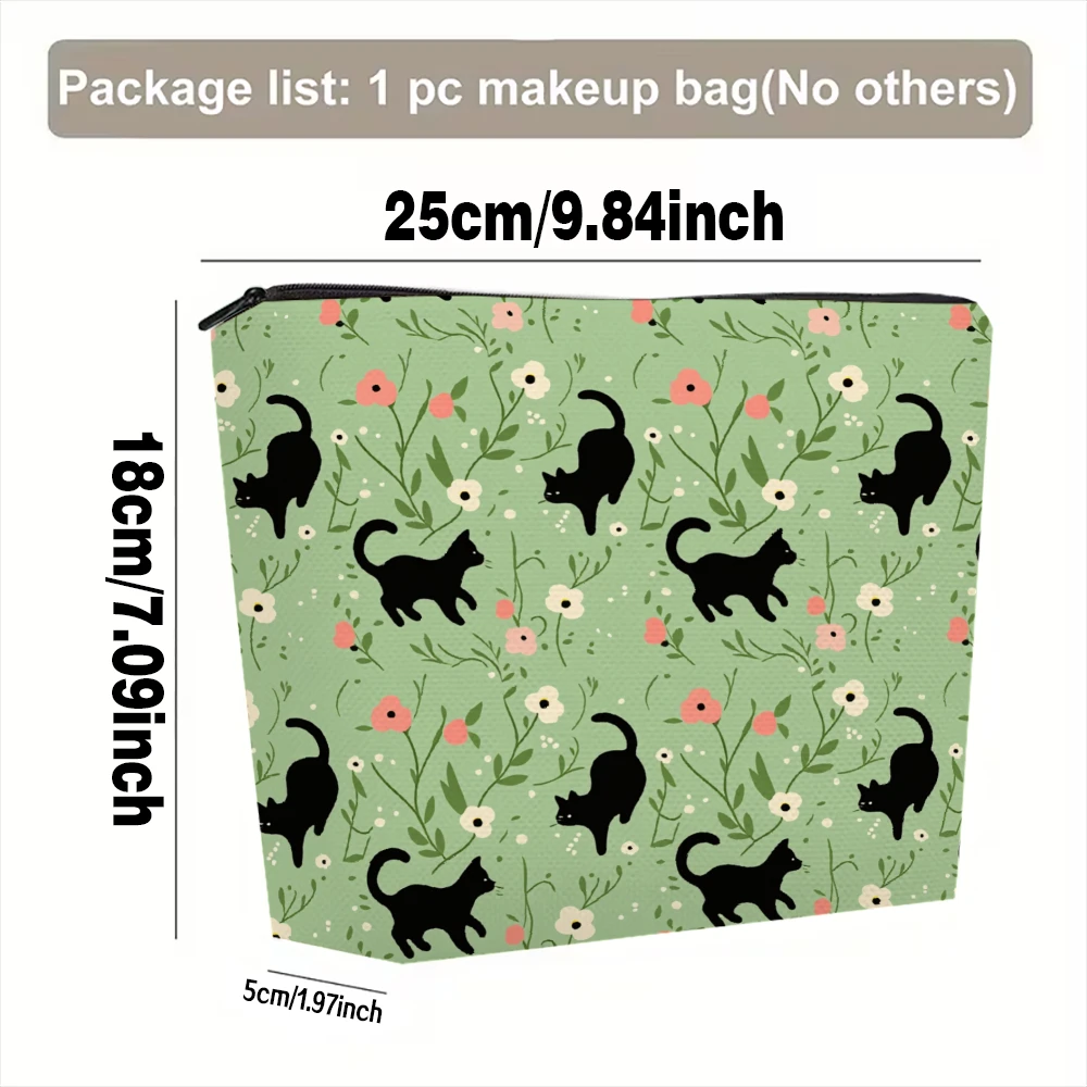 Black Cats Flowers Green Background Makeup Bags for Girls Cosmetic Pouch Toiletry Bag Pencil Case Travel Storage