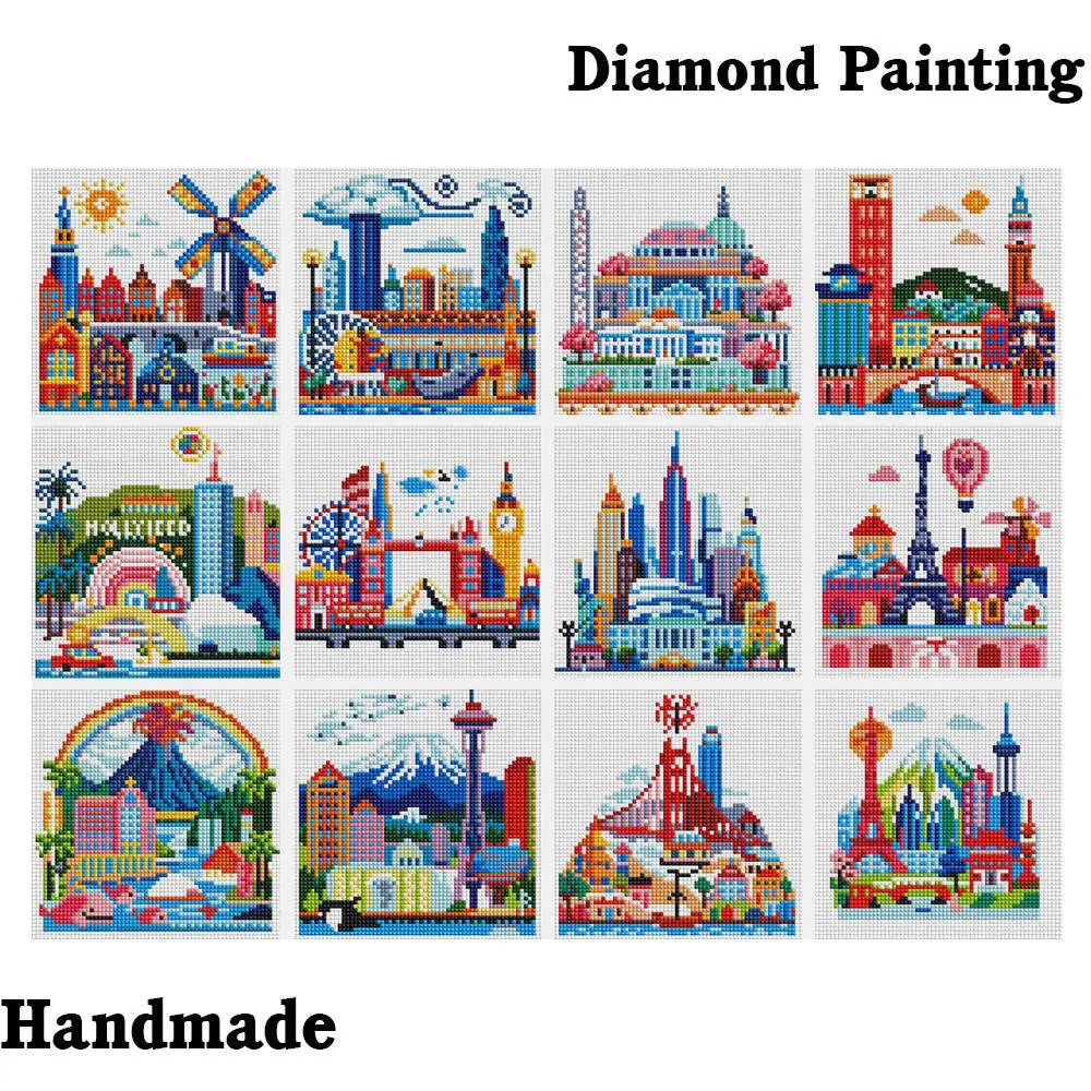 12-teiliges Stadtlandschafts-Mini-Diamantmosaik-Bastelset, Vollrundes Diamantmalerei-Set für Wanddekoration und Heimdekoration