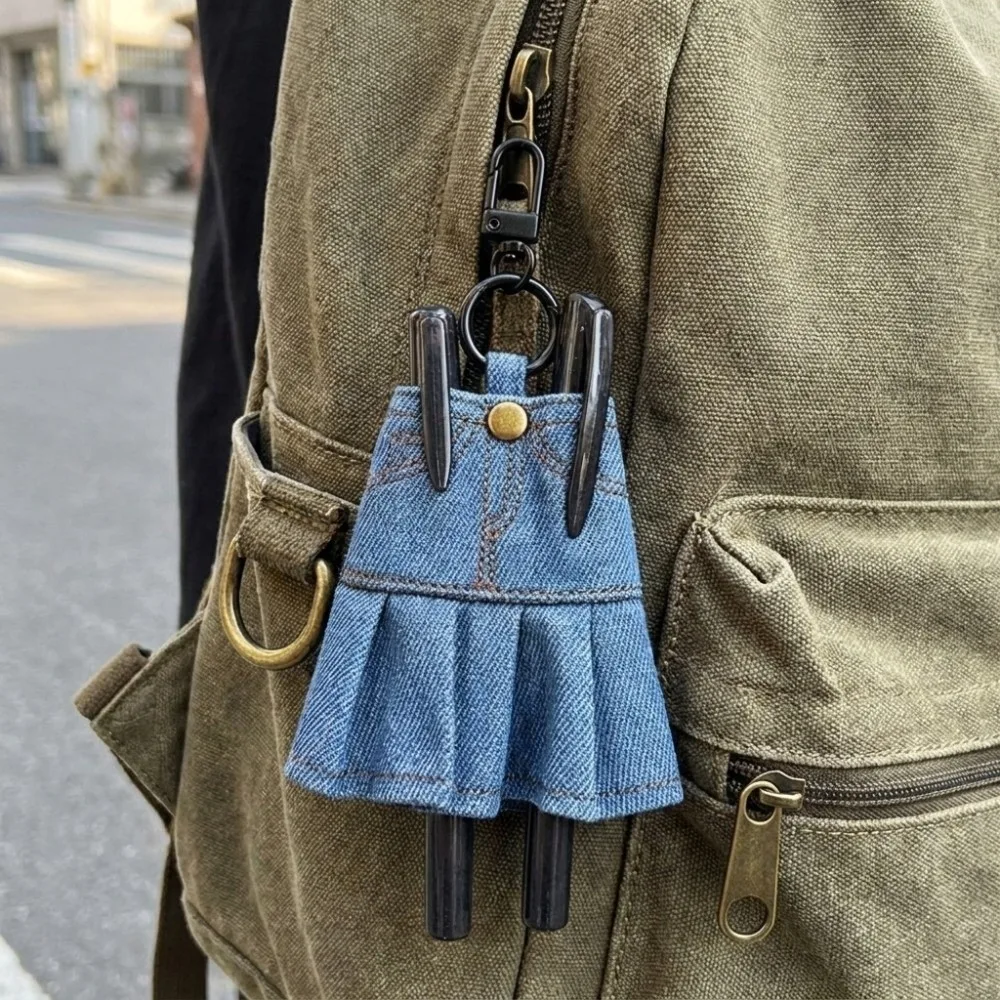 Cute Creative Mini Denim Jeans Pen Holder Denim Blue Skirt Keychain Lightweight Bag Charm Stationery Pouch Daily Use