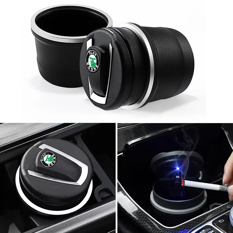 Portable Car Cigarette Ashtray Cup With LED Light For Skoda Octavia Fabia Rapid Superb Kodiaq Scala Karoq Citigo Kamiq Enyaq