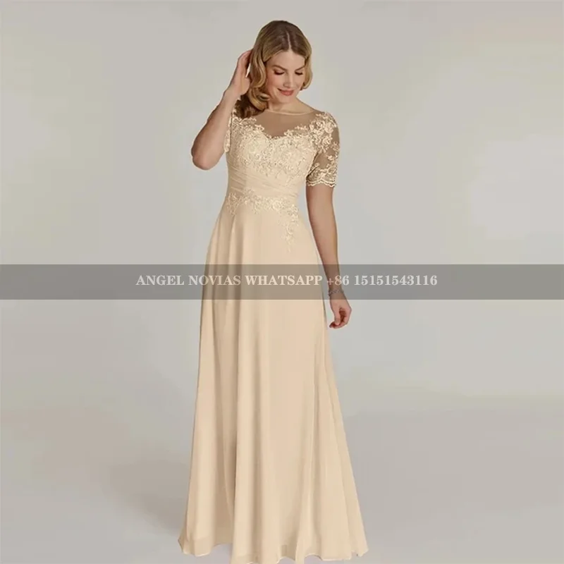 

Long Champagne Mother of Bride Dresses for Women Chiffon Wedding Party Gown with Lace Half Sleeves vestidos de fiestas elegant