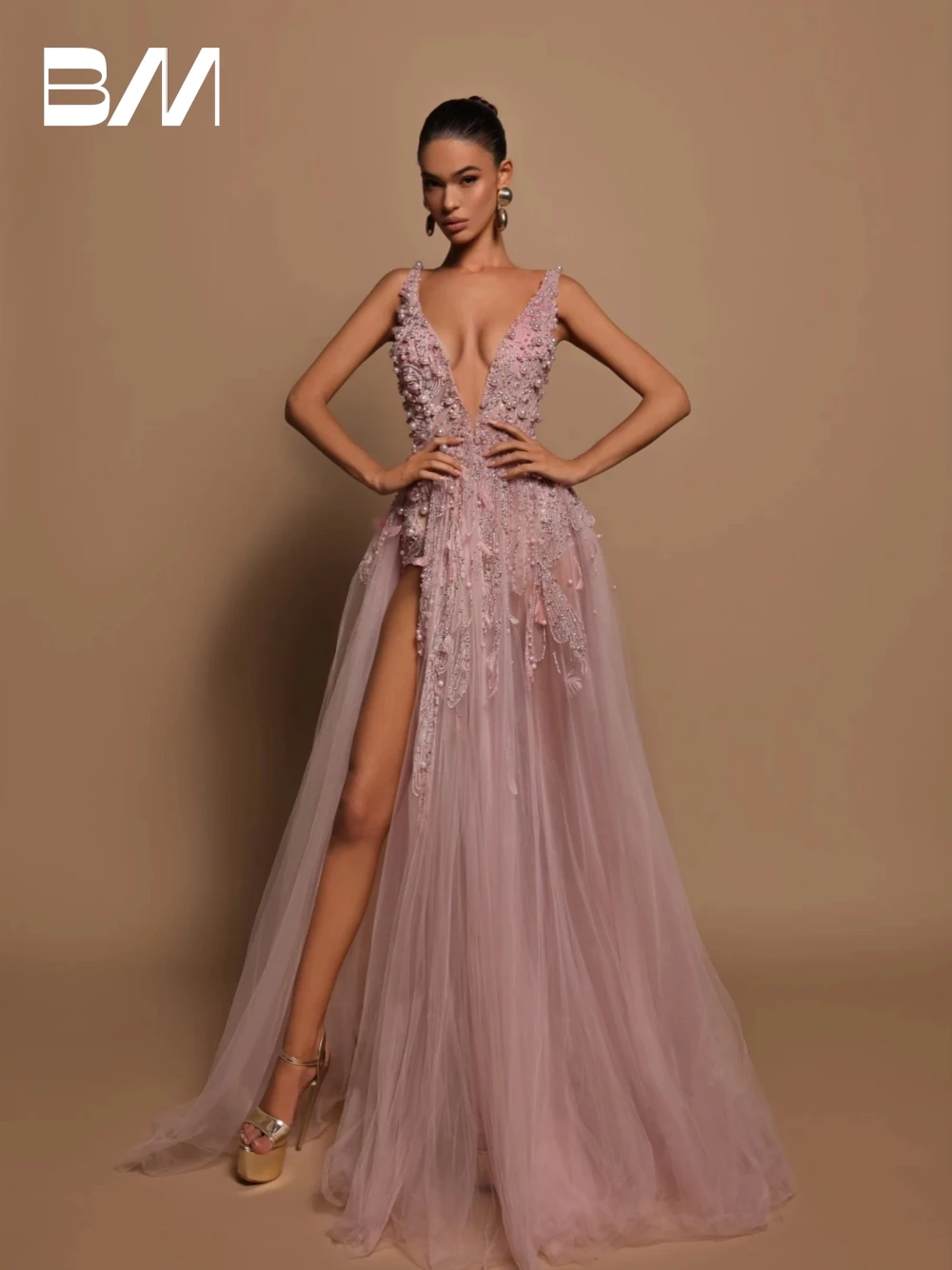 Pink Illusion V-neck Prom Dress Fashion Party Beaded Pearls Feathers Evening Dresses Customized Cocktail Gown Vestidos De Gala