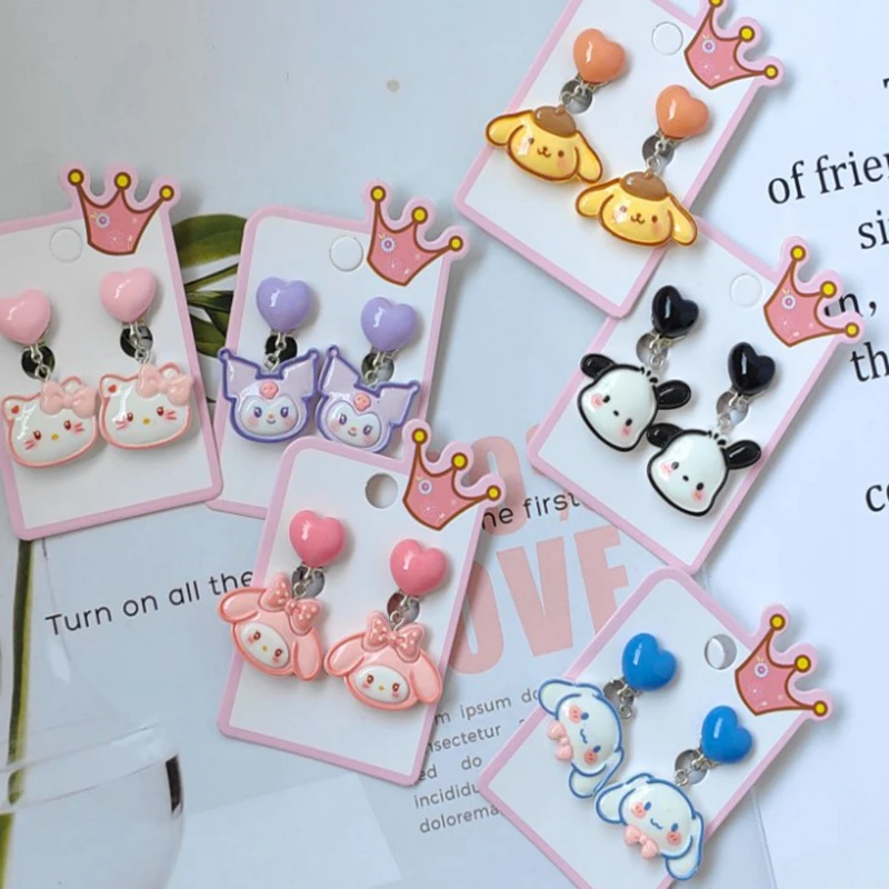 Sanrio Hello Kitty Ear Clip Cartoon Kuromi No Piercing Pendant Ear Clips Resin Children Fake Earrings Girl Party Jewelry Gift