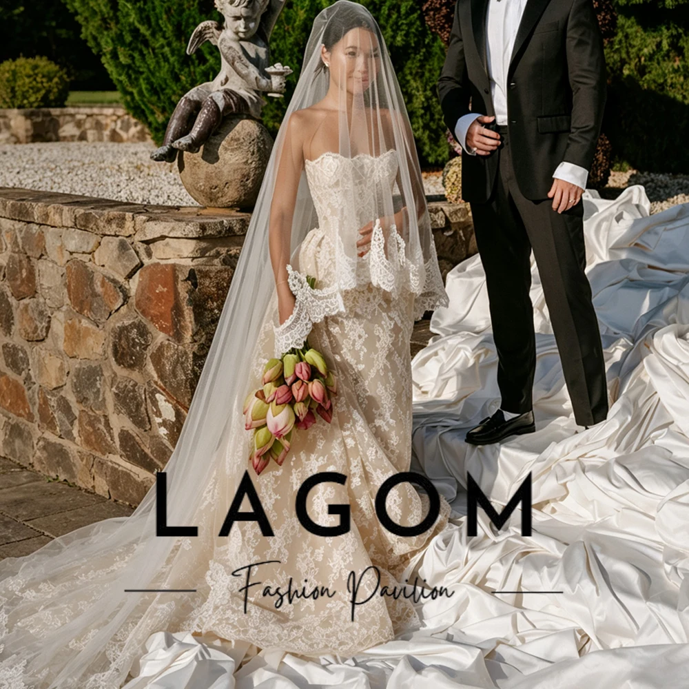 Lagom Elegant Champagne Strapless Lace Wedding Dress Mermaid Bridal Gown Sleeveless Long Train Vintage New شارون سعيد Customized